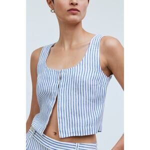 Madewell Scoop Neck Crop Tank Women's 4 Blue White Stripe Linen Sleeveless